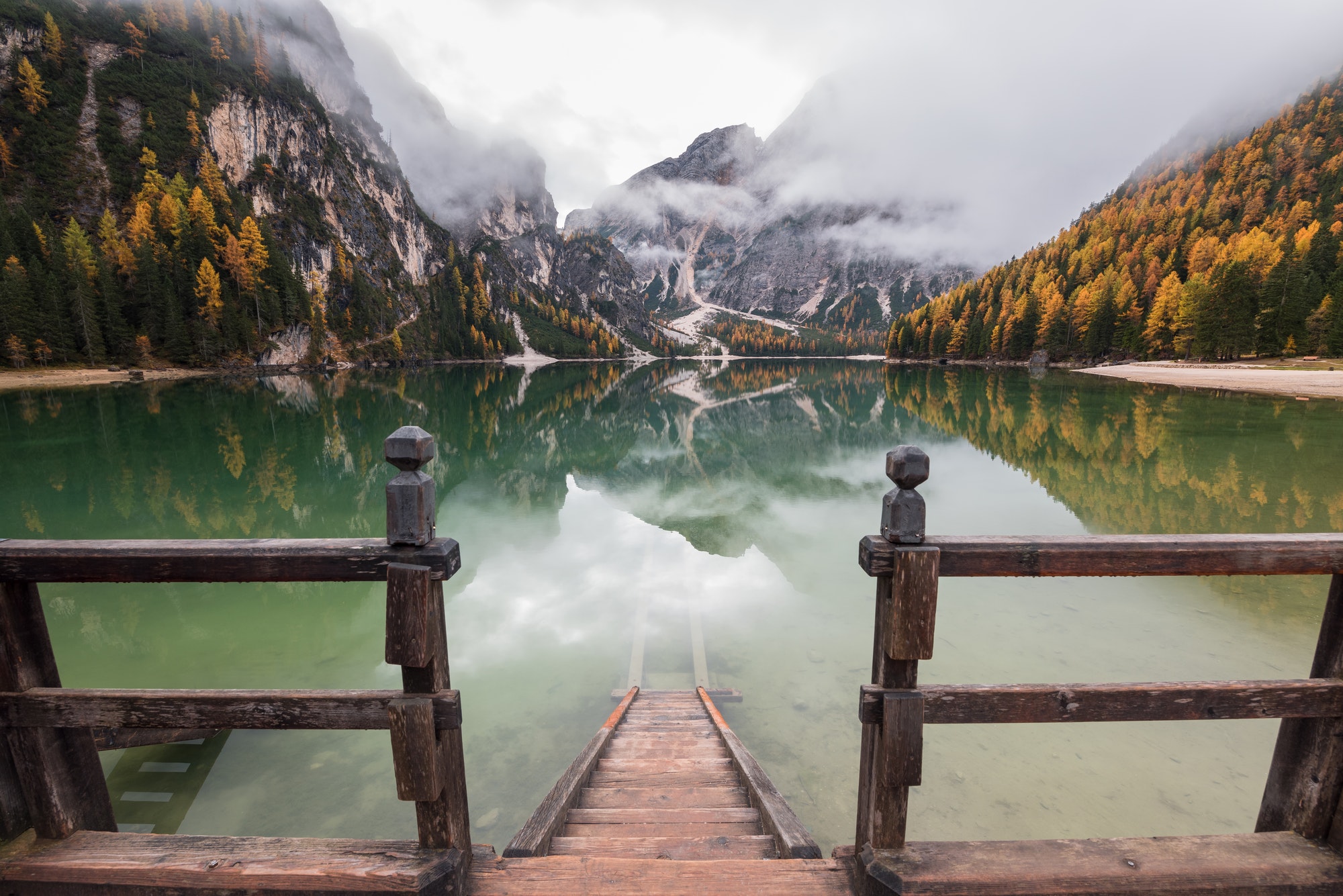 Moody autumn day in the Dolomites forest and mountains